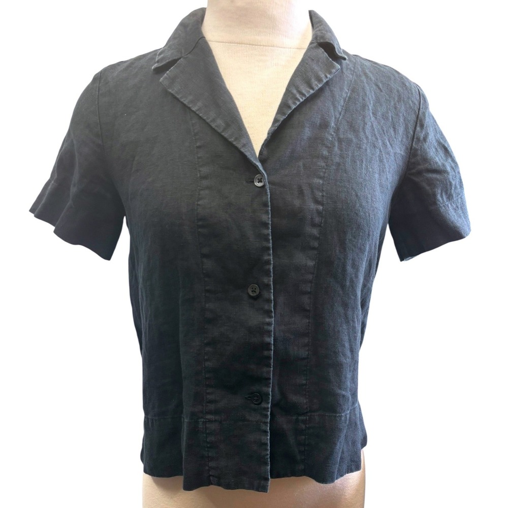 Everlane Black Linen Button Front Blouse Short‎ Sleeve Collared Minimalist 00